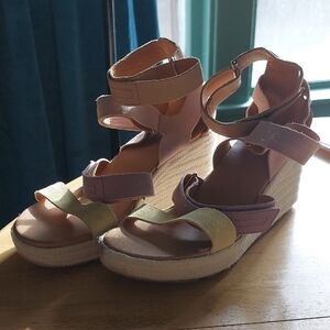 Sorel Pink and Olive Multi-Strap Espadrille Wedge Sandals